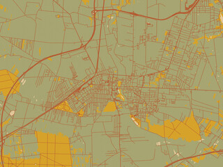 Fototapeta premium Contemporary flat map of Pabianice, Poland design with olive backdrop with warm rust street network and ochre blocks.