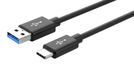 USB Type C to USB 3.0 Cable Connection: Data Transfer Cord, Black Cable on Black Background, High Speed Connectivity