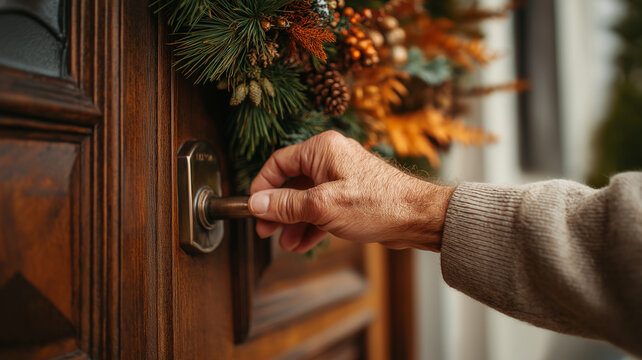 A homeowner is eagerly pulling open their front door adorned with fall decorations, greeting guests Generative AI - Powered by Adobe