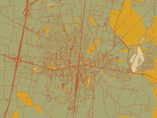 Abstract flat-design map of Piotrkow Trybunalski, Poland, featuring muted sage base, rust-colored roads, and soft ochre highlights.