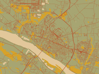 Obraz premium Poster-ready flat map of Plock, Poland, muted sage base, rust-colored roads, and soft ochre highlights.
