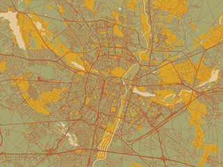 Modern flat map poster of Poznan, Poland in olive backdrop with warm rust street network and ochre blocks.