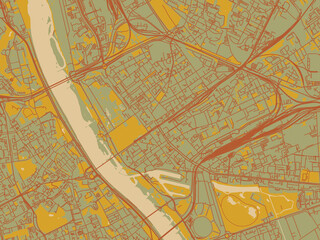 Obraz premium Contemporary flat map of Praga Polnoc, Poland design with olive backdrop with warm rust street network and ochre blocks.