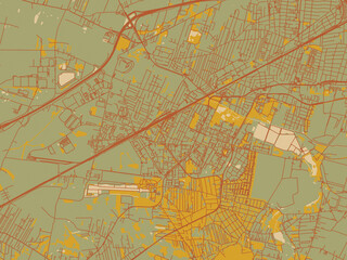 Fototapeta premium Vector-style flat map of Pruszkow, Poland with sage green ground with rust-red roads and ochre accents.