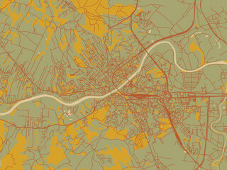 Flat painterly map of Przemysl, Poland in olive backdrop with warm rust street network and ochre blocks.