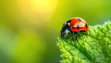 Fototapeta premium Close Up Of A Red Ladybug Resting On A Green Leaf With Morning Dew And Soft Sunlight In The Background