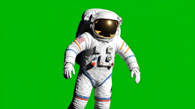 Astronaut in white spacesuit standing on green screen. Chromakey footage for space exploration and future technology concepts. Isolated full body view with copy space