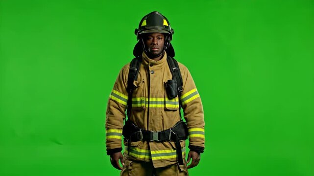 African American firefighter in uniform standing and turning on a green screen. Professional emergency service worker. Chromakey footage