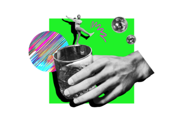 Trend collage of beige green vibrant color backdrop party dance rest weekend miniature young man walk line huge hand hold alcohol glass