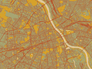 Obraz premium Minimalist flat city map of Warsaw, Poland with sage/olive tone field with rust networks and ochre shapes, cream water.
