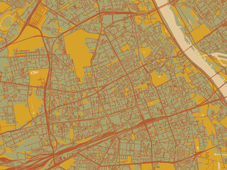 Obraz premium Poster-ready flat map of Wola, Poland, muted sage base, rust-colored roads, and soft ochre highlights.