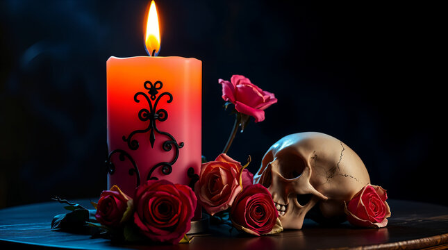 Candle with intricate design, roses, and a skull on round wooden table at night - Powered by Adobe