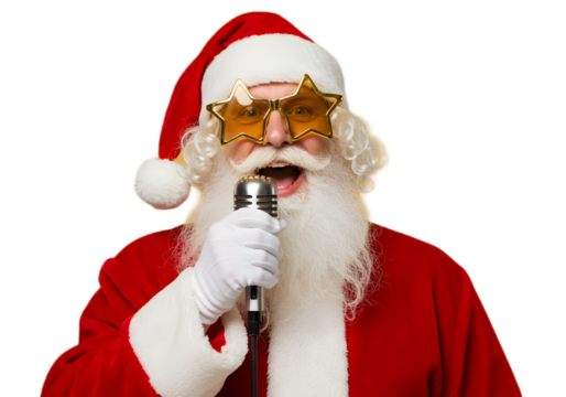 Santa Claus Wearing Star Glasses Sings into a Microphone at Christmas Party