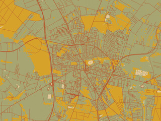 Obraz premium Flat painterly map of Zgierz, Poland in olive backdrop with warm rust street network and ochre blocks.