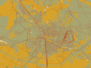Poster-ready flat map of Zawiercie, Poland, sage/olive tone field with rust networks and ochre shapes, cream water.