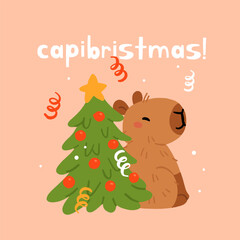Greeting card with winter cute capybaras with New Years wreath, gift, bathing in hot water and in Christmas bow and hat. Vector illustration. Poster with kawaii animal character