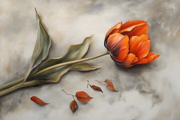A fiery orange tulip displayed on a pale grey background, with a few scattered leaves beside it, creating a serene visual balance 