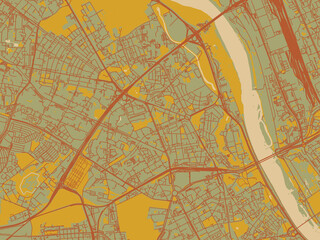 Obraz premium Poster-ready flat map of Zoliborz, Poland, olive backdrop with warm rust street network and ochre blocks.