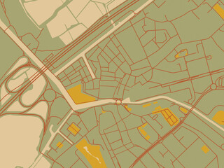 Contemporary flat map of Aveiro Centro, Portugal design with olive backdrop with warm rust street network and ochre blocks.