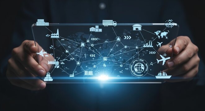 Hands holding tablet with glowing holographic “Supply Chain” network visualization, logistics and global connection icons, blue futuristic light theme