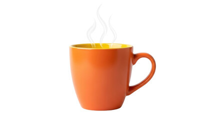 Isolated bright orange coffee cup with rising steam, yellow interior, a hot drink, morning, cozy