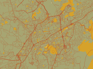 Modern flat map poster of Braga, Portugal in muted sage base, rust-colored roads, and soft ochre highlights.