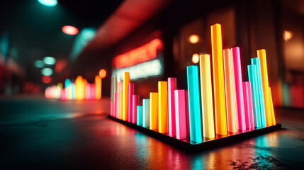 Obraz premium A colorful bar chart with glowing bars on a dark background, representing data visualization and analytics concepts