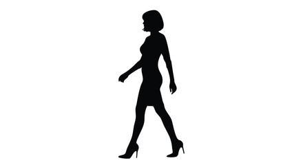 Silhouette of a woman walking in high heels, isolated on a white background, side view