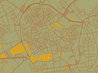 Contemporary flat map of Evora Centro, Portugal design with sage green ground with rust-red roads and ochre accents.