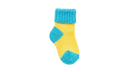 Isolated child's sock of bright yellow and light blue knitwear with soft fibers and warm texture