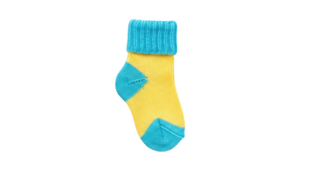 Isolated child's sock of bright yellow and light blue knitwear with soft fibers and warm texture