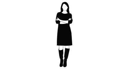 Minimalist illustration of a woman in a black dress and boots with arms crossed, isolated on white