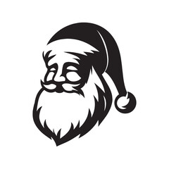 Black and white illustration of Santa Claus’s face featuring his iconic hat, long beard, and joyful expression. Minimal and festive design perfect for Christmas cards, holiday decorations, seasonal br