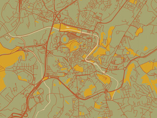 Modern flat map poster of Leiria, Portugal in muted sage base, rust-colored roads, and soft ochre highlights.