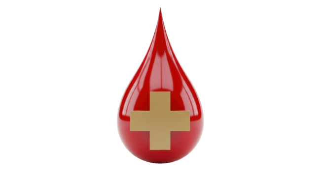 Isolated drop of blood with a gold medical cross inside it for hospitals, clinics, and doctors