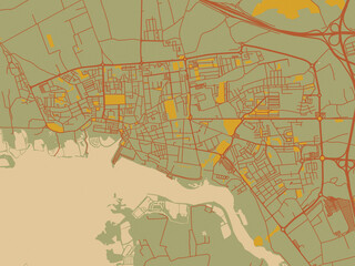 Stylized minimalist map of Montijo, Portugal in olive backdrop with warm rust street network and ochre blocks.