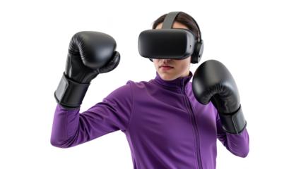 Virtual reality boxing experience with focused athlete wearing VR headset and gloves, showcasing determination and strength