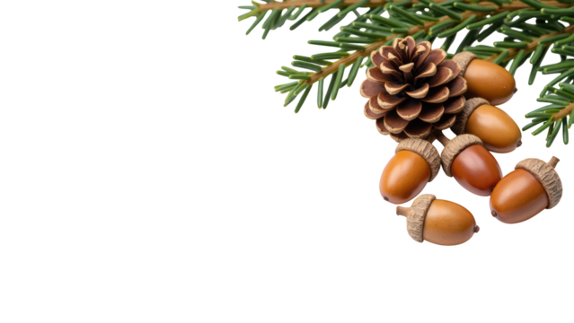 Natural elements like acorns, pine cones, and evergreen branches create cozy autumn atmosphere. Perfect for seasonal decor or nature themed