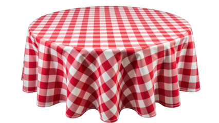 Red and white checkered tablecloth draped over round table, creating cozy and inviting atmosphere for dining or gatherings