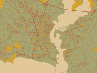 Contemporary flat map of Portimao, Portugal design with sage green ground with rust-red roads and ochre accents.