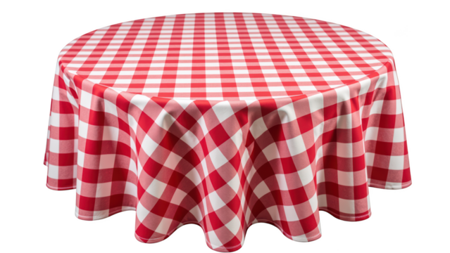 Red and white checkered tablecloth draped over round table, creating cozy and inviting atmosphere for dining or gatherings