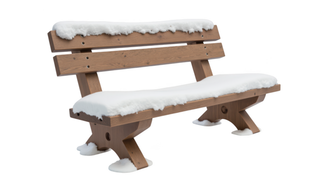 Wooden bench covered snow, showcasing cozy winter scene. bench features simple design with smooth finish and snow accumulation seat and backrest