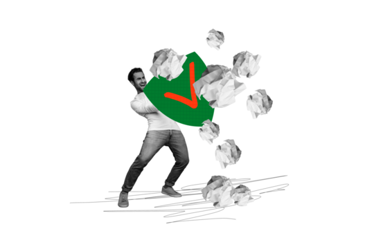 Composite photo collage of happy man hold antivirus protection shield hacked software crumpled paper attack isolated on painted background