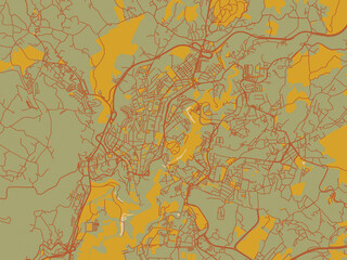 Graphic flat color map of Vila Real, Portugal in muted sage base, rust-colored roads, and soft ochre highlights.