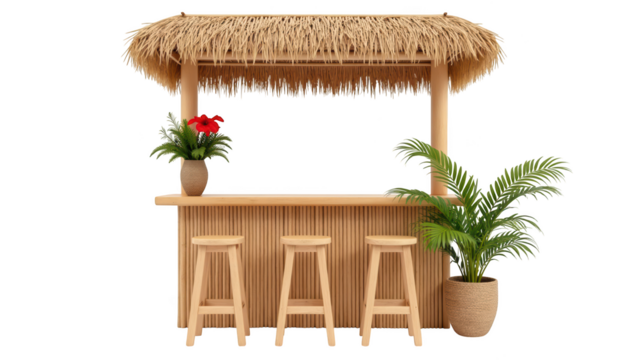 Tropical bar with thatched roof, wooden counter, and three stools, surrounded by decorative plants, creates relaxing atmosphere