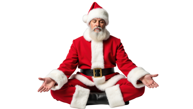 Meditating Santa Claus in red suit with white fur trim, sitting cross legged, exuding calmness and joy during holiday season