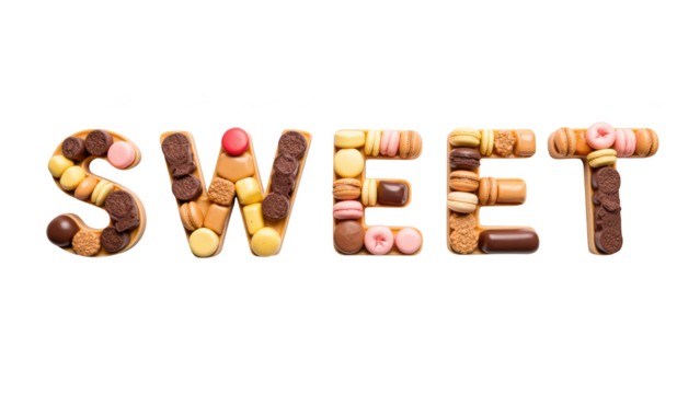 Delicious cookies and candies arranged to spell word SWEET, creating playful and inviting visual