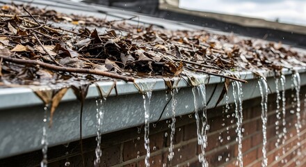 Autumn rain dripping from house roof gutter