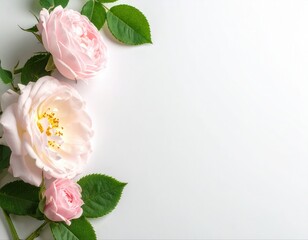 Fototapeta premium Pink roses with green leaves on white background