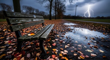 Empty park bench under rain with lightning in background